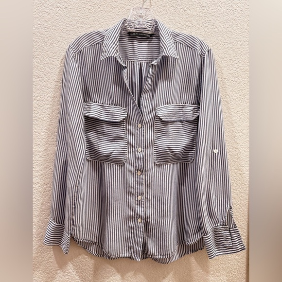 Zara Tops - ZARA White Blue Pinstripe Button Up Slouchy Blouse